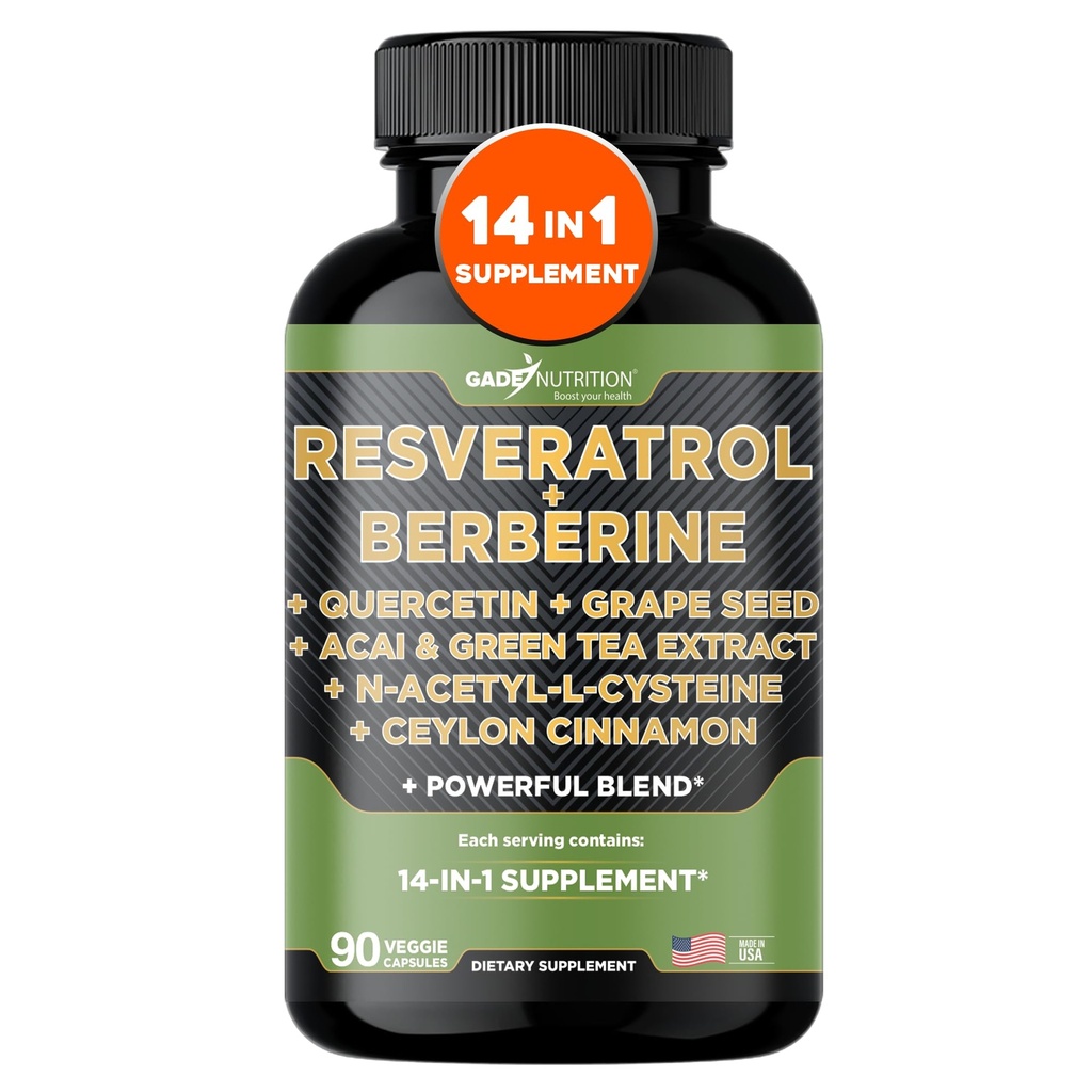 Gade Nutrition Resveratrol Berberine Quercetin Semente Extract Green Tea Extract N-Acetil Cysteine - 14 em 1 Suplemento Complexo para Mulheres e Homens com Antioxidantes Potentes - Made in USA