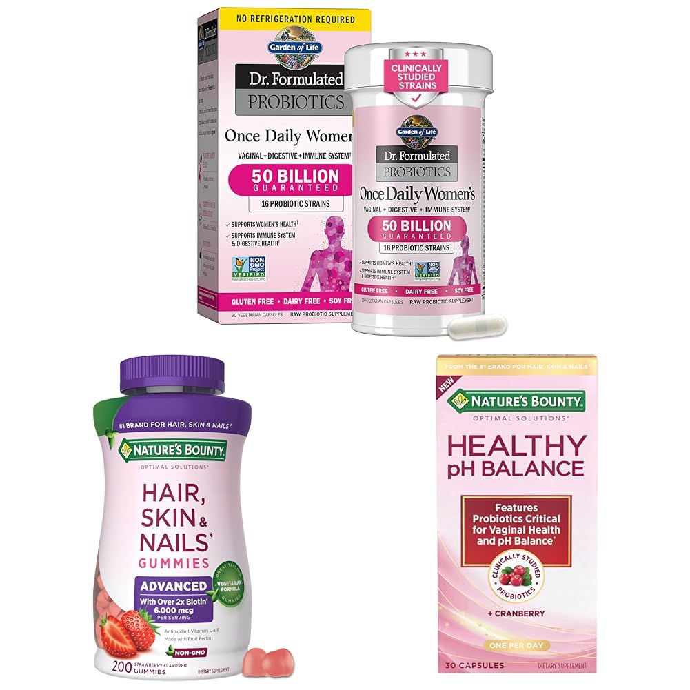 Jardim da Vida & Natureza Bem-Estar das Mulheres Bem-Estar Dia dos Namorados Bundle- Digestive & Vaginal Apoio à Saúde, Cabelo, Pele & unhas Pectina Gummies com Biotina, Probióticos Vaginais com Cranberry, 30-200ct