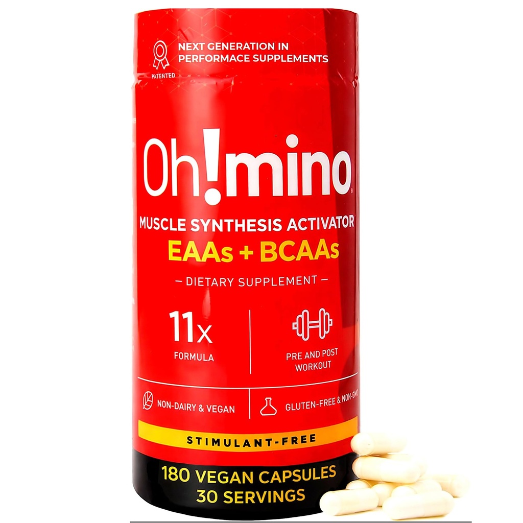 Oh!mino Essential Aminoácidos Suplemento. Cápsulas Sem Estimulantes. Todos os 9 EAAs, BCAAs e o Amino perfeito para treinos, Energia Amino, e para construir músculo, e recuperar mais rápido.