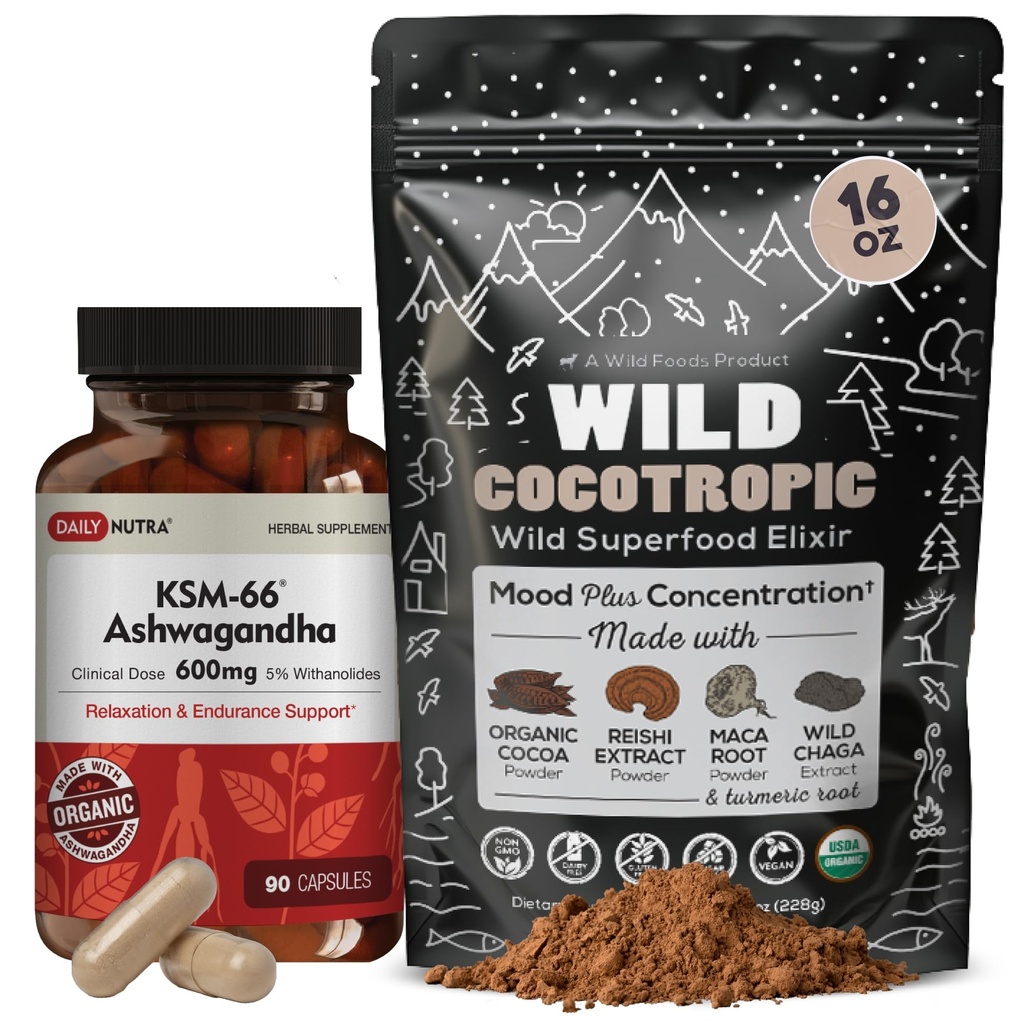 DailyNutra KSM 66 Ashwagandha (90 Cápsulas) e Cogumelo Cacao Mix (16 onças)