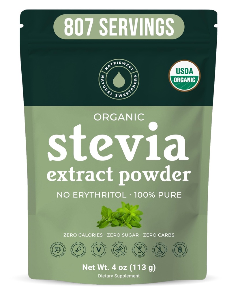 Orgânico 100% puro Stevia pó, 4 onças, Satisfies doces desejos, Baixa níveis de açúcar no sangue para diabéticos, em massa em pó Stevia extrato adoçante para melhor cozimento e bebidas, 800+ Servimentos por NatriSweet