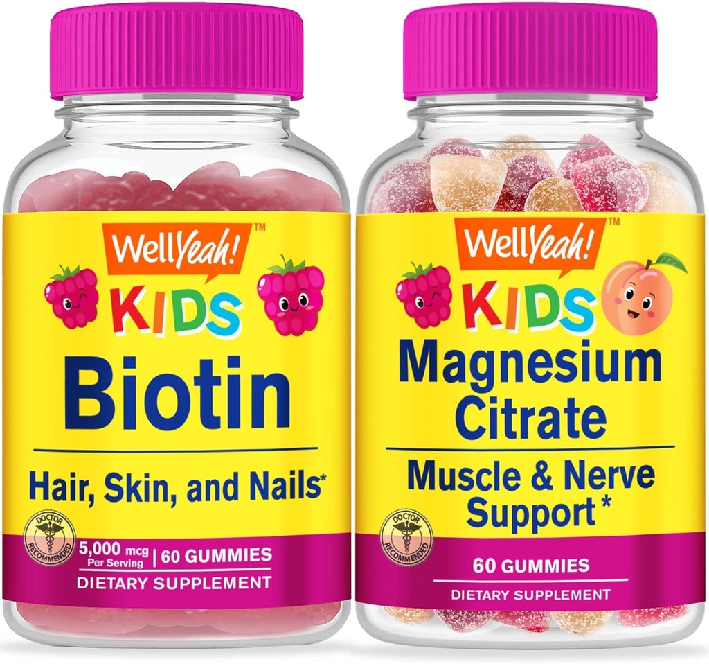 BemSim Biotina Crianças + Citrato de magnésio Crianças, Gummies Bundle - Grande degustação, Suplemento de vitamina, Gluten Free, GMO Free, Gummy mastigável
