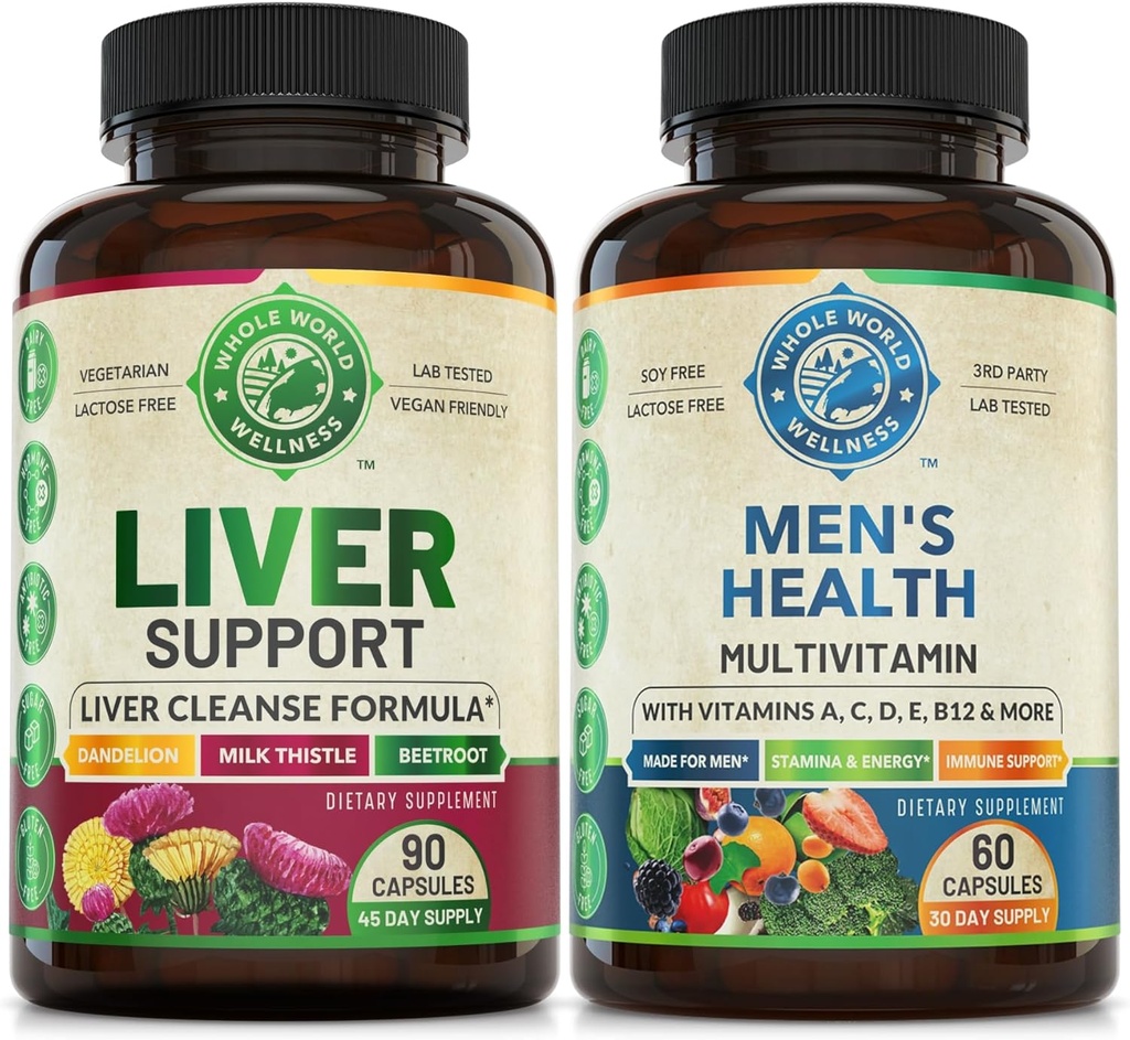 Fígado Cleanse Detox Repair Formula & Mens Daily Multivitamins Bundle (Uma garrafa cada). Apoia coletivamente a saúde do fígado, bem-estar holístico, energia aumentada, resistência e desempenho. EUA Made.