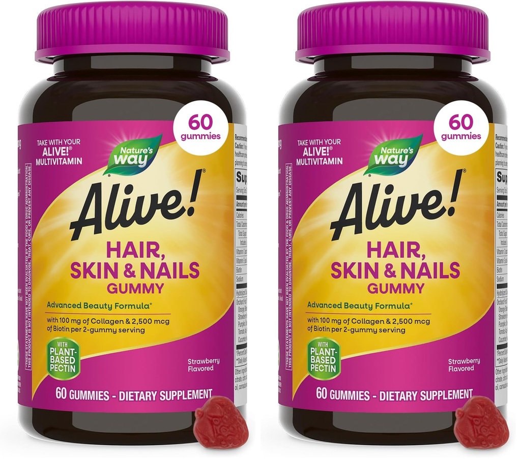 O Caminho da Natureza Vivo! Cabelo, pele e unhas Gummies, Fórmula de Beleza Avançada*, com Biotina e Colágeno, Morangueiro Flavored, 60 Gummies (Packaging May Vary) (Pack of 2)