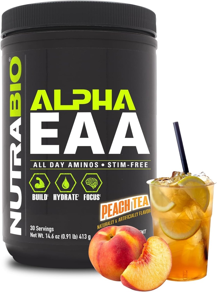 NutraBio Alpha EAA - Aminoácidos Todos os Dias para Crescimento Músculo e Hidratação - Aminoácidos Essenciais com Nootropics & Adaptogens- Espectro completo EAA BCAA Pó - 30 Servões - Chá de pêssego