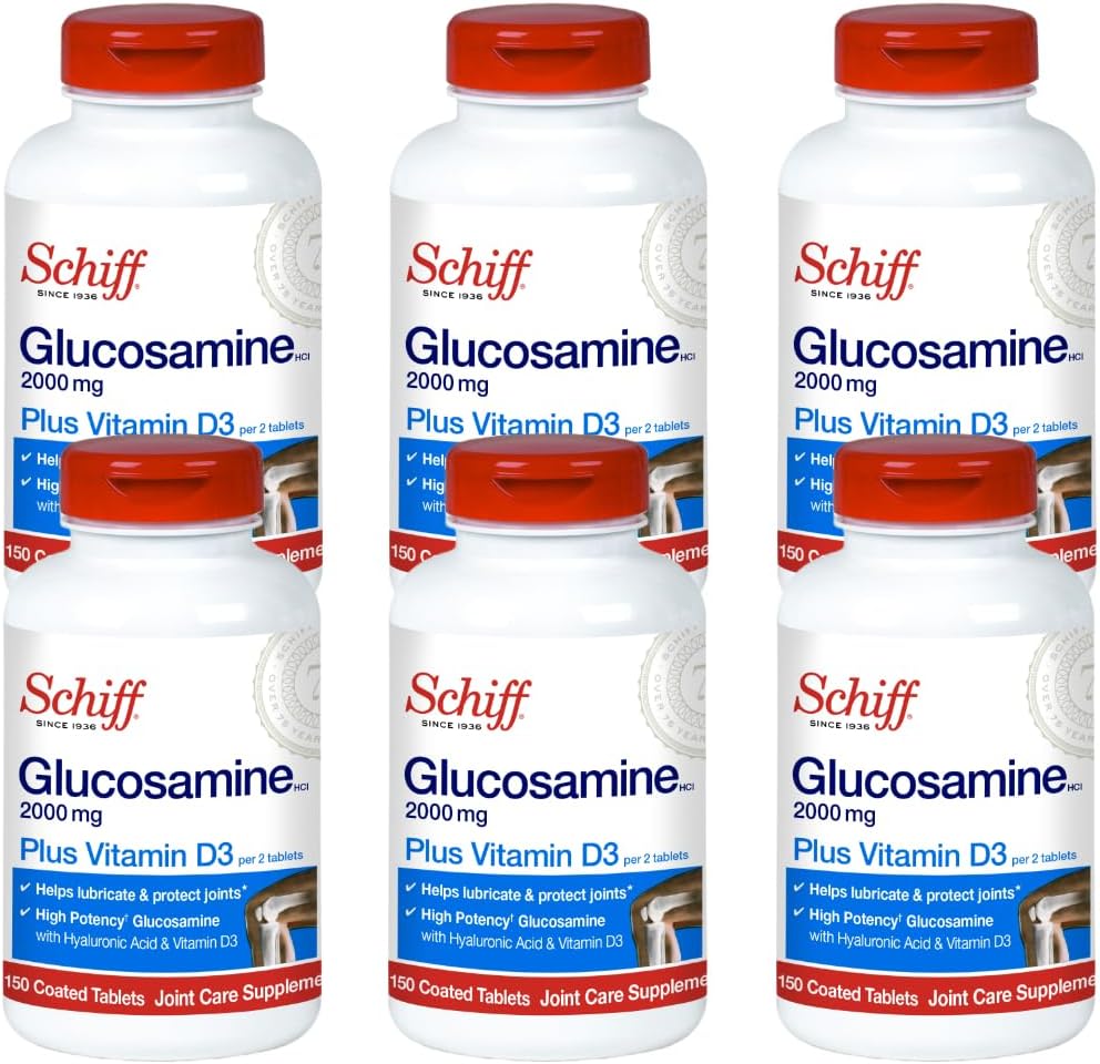 Schiff Glucosamina 2000mg com Vitamina D3 e Ácido Hialurónico, 150 comprimidos - Suplemento Conjunto (Pacote de 6)