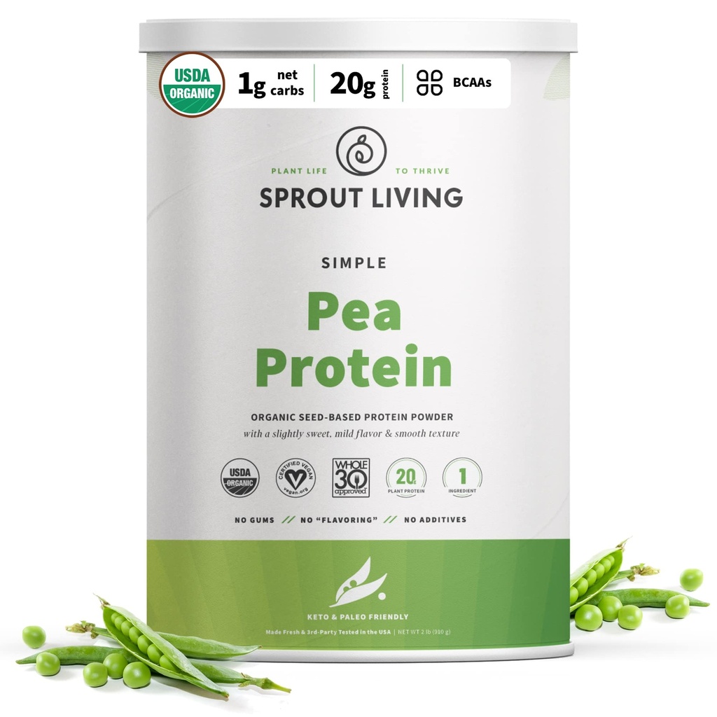 Sprout vivo orgânico ervilha proteína em pó, sem sabor, 20 gramas de planta base de proteína orgânica em pó sem adoçantes artificiais, Não lácteos, Não-GMO, Vegan, Glúten livre (2 libras, 38 Servings)