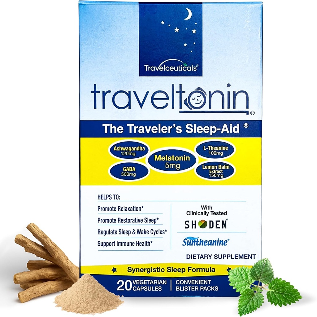 Ajuda para o sono de viagem □ Obter Jet Lag alívio, sono restaurador, Immune Support □ Voo, Hotel Essential 5-em-1 Fórmula w/Melatonina, Ashwagandha, L-Theanina, GABA, Limão Balm □ 20 Cápsulas