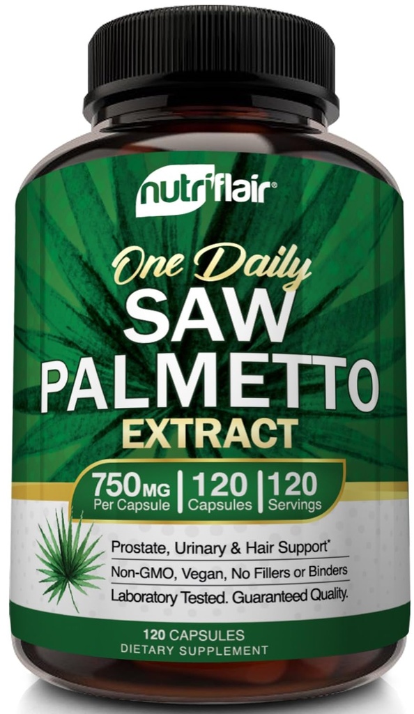 NutriFlair Saw Palmetto Extract 750mg, 120 Cápsulas - Suplemento Natural de Próstata & Berry Health Support - Ajuda a bloquear DHT para evitar perda de cabelo e ajuda a reduzir a micção frequente, para mulheres e homens