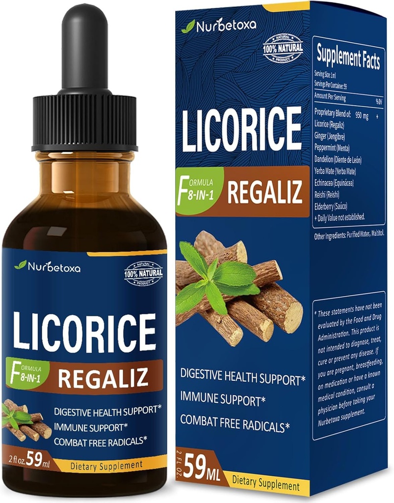 Extrato de raiz de alcaçuz gotas para a saúde digestiva, floral natural Bloating alívio e Imune Suporte Suplemento de tintura líquida com Dandelion, hortelã, Ginger. extrato de Regaliz. 2 onças