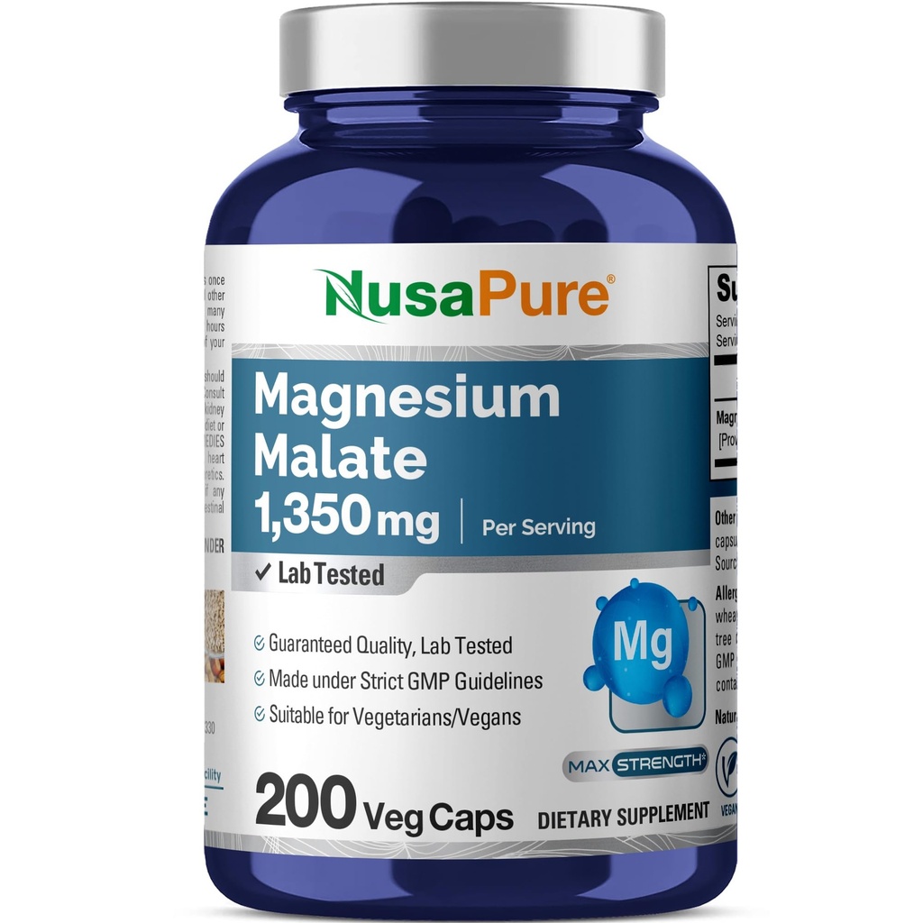 NusaPure Magnésio Malate 1350mg 200 Cápsulas Veggie (Vegan, Non-GMO, Vegan)