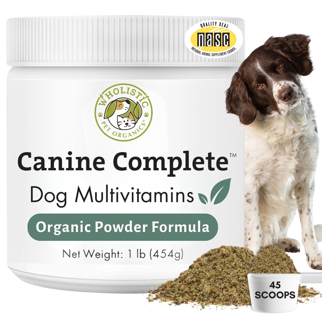 Wholistic Animais Orgânicos Canino Completo - Dog Multivitamin Powder - 1 Lb - Vitaminas e Suplementos diários do cão para alimentos caseiros - Sistema imunológico, pele, casaco e saúde geral - Pequena e grande raça