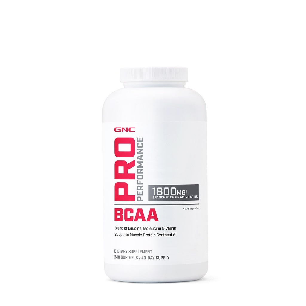GNC Pro Performance BCAA 1.8g, 3rd Party Tested Supplement for Men & Women, Branched Chain Amino Acids, Essential Amino Acids Suporta Síntese de Proteína Muscular, 240 Softgels, 40 SVG