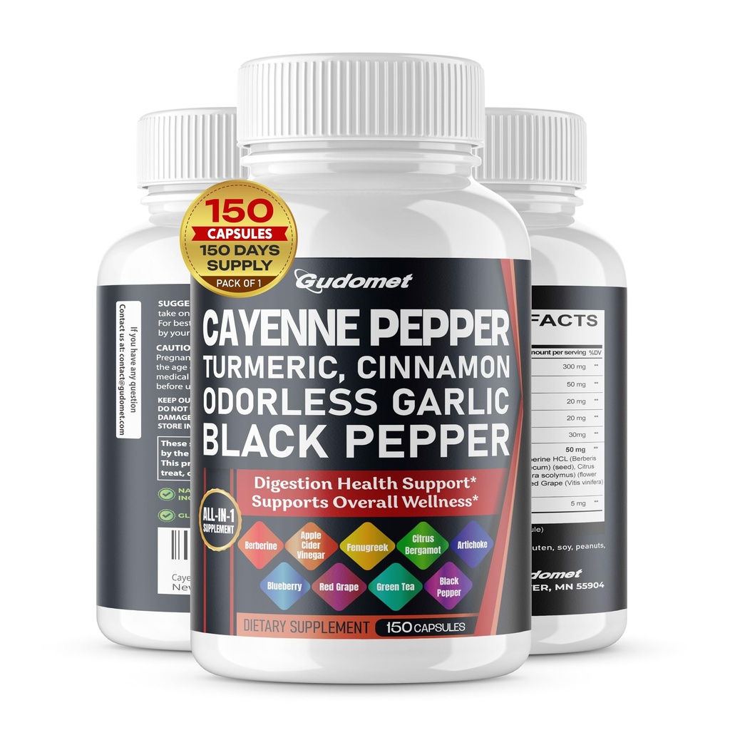 Cayenne Pepper Turmeric Odorless Alho Canela Fenugreek Citrus Bergamot Alcachofra Blueberry Green Tea Black Pepper -150 Cápsulas- Made in USA