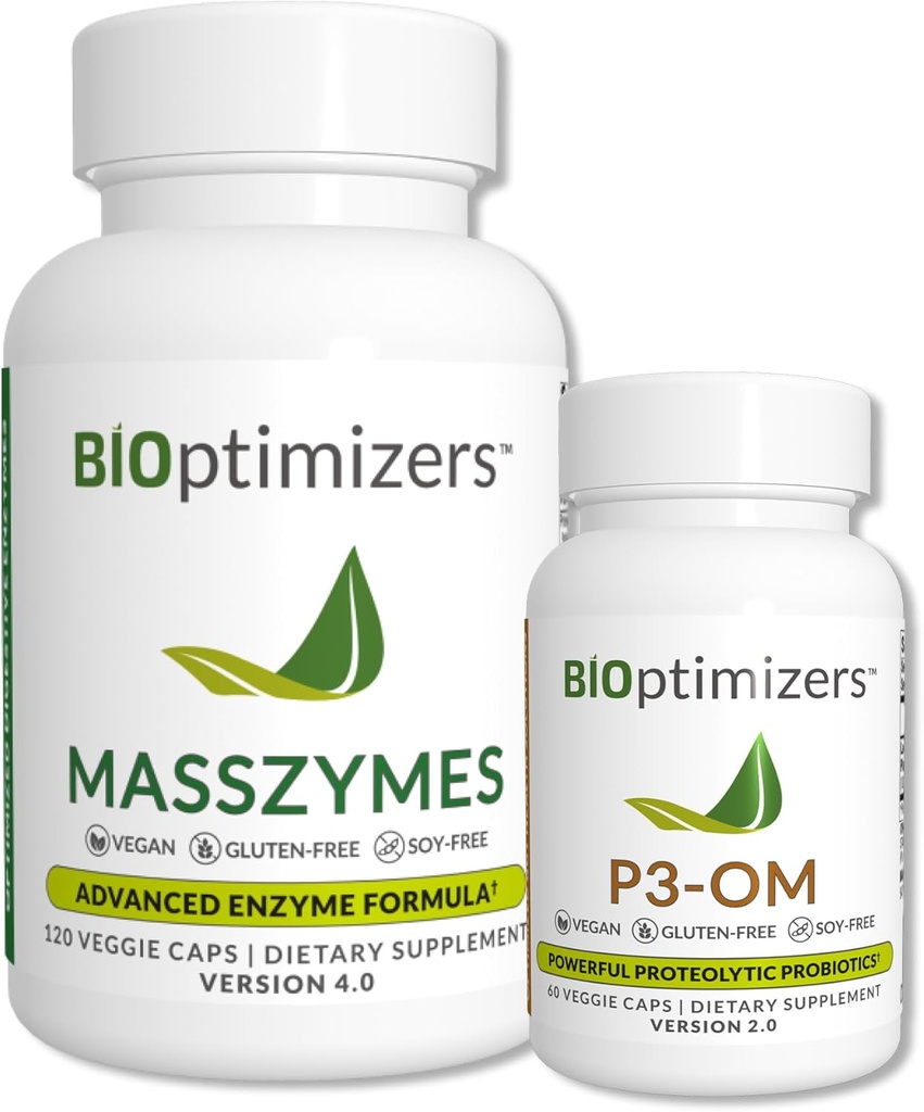 BiOtimizadores - P3-OM e MassZymes Bundle - Enzimas Digestivas Premium e Probióticos para Mulheres e Homens - Doutor Formulado (120 Cápsulas MassZymes, 60 Cápsulas P3-OM)