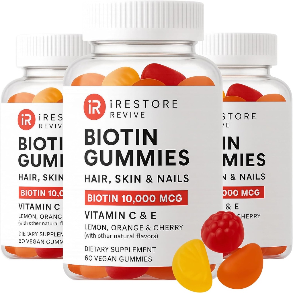 iRestaurar Vitaminas Gummy cabelo, Gummies Vegan Biotin para a pele do cabelo e unhas, chicletes de crescimento do cabelo para mulheres e homens, Biotin 10.000mcg, 3PK
