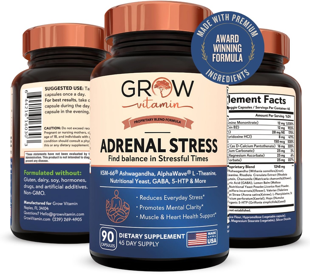 Crescer vitamina Adrenal Stress Fórmula avançada, orgânico KSM-66 Ashwagandha com AlphaWave L-Theanina, 5-HTP, mistura de magnésio - alívio de estresse diário, suporte de humor, cognitivo, saúde cerebral, 90 cápsulas