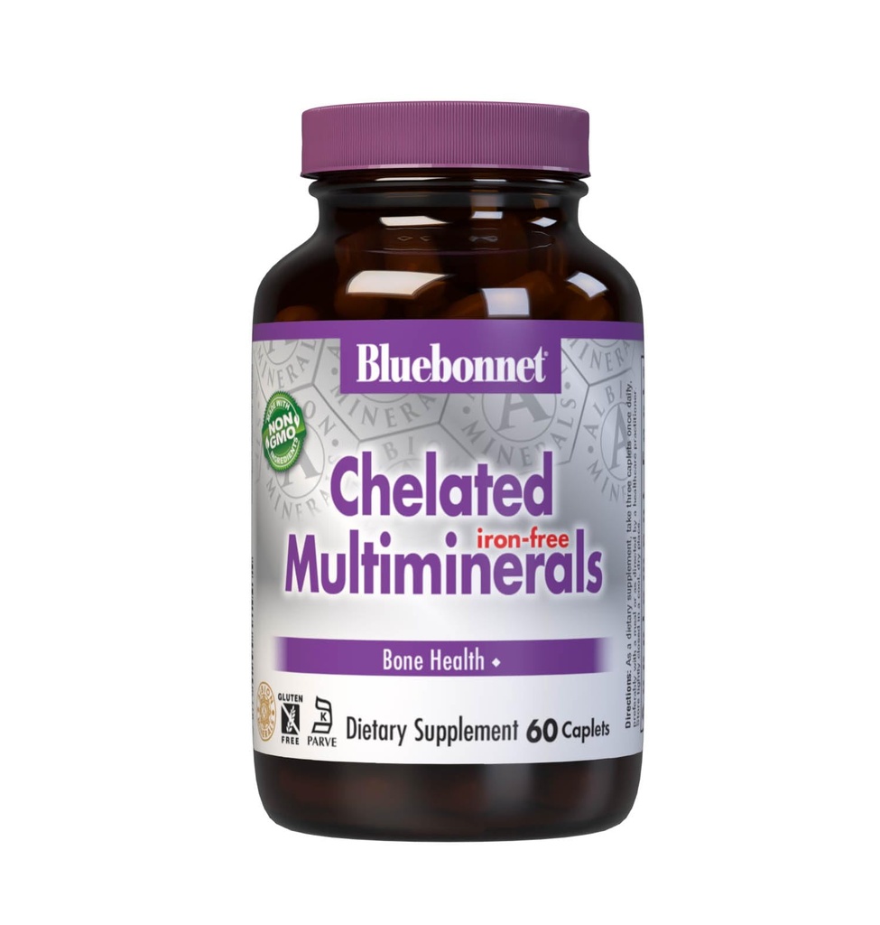Bluebonnet Nutrition alta potência quelated Multiminerais (livre de ferro), Albion quelated Minerals, Soy-Free, Gluten-Free, Non-GMO, Kosher certificado, Dairy-Free, 60 Caplets, 20 Servings