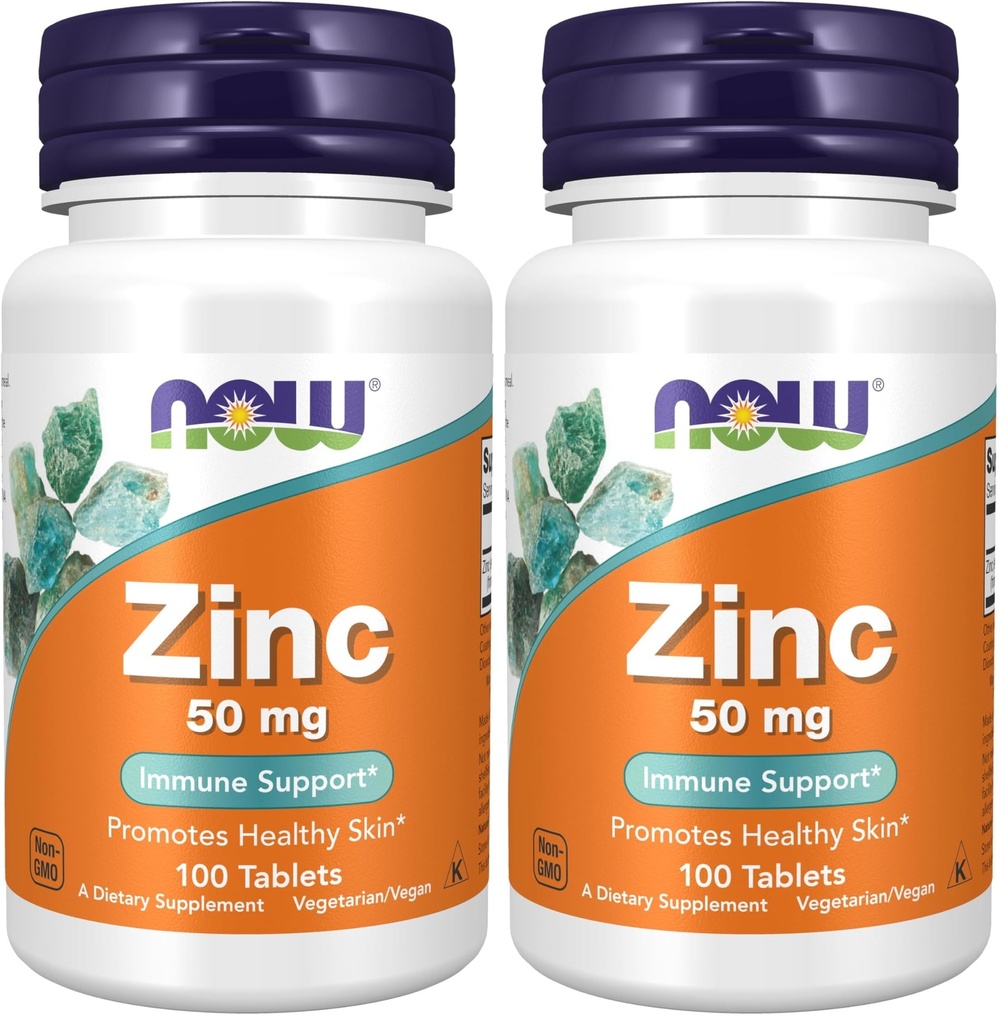 Now Foods Supplements, Zinco (Gluconato de Zinco) 50 mg, Suporta Funções de Enzima*, Suporte Imune*, 100 Comprimidos (Pacote de 2)