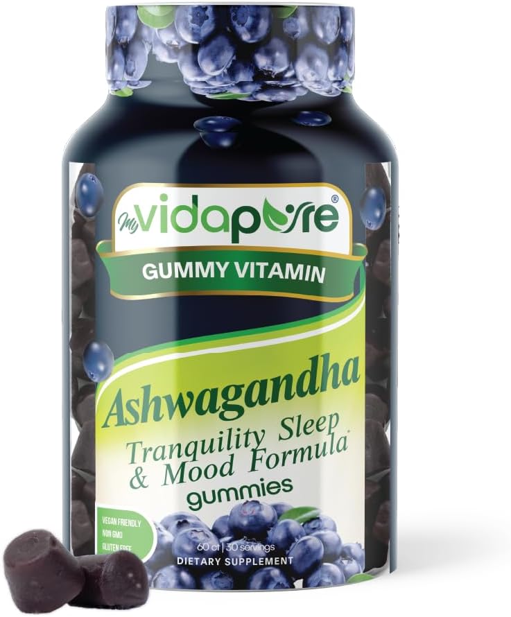 Ashwagandha Gummies, alta potência Ashwagandha Root Extract com magnésio Glycinate, Melatonin, B6, Valerian Root, GABA, Paixão flor para homens e mulheres. 60 Conte 30 porções por myVidaPure