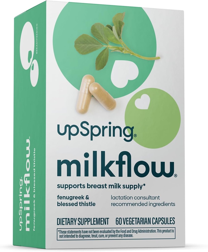 UpSpring Milkflow Lactation Supplement for Milk Supply Aumente, Suplementos de amamentação com feno-grego e cardo abençoado, Não-GMO, Lactação Suporte 60 Cápsulas Vegan