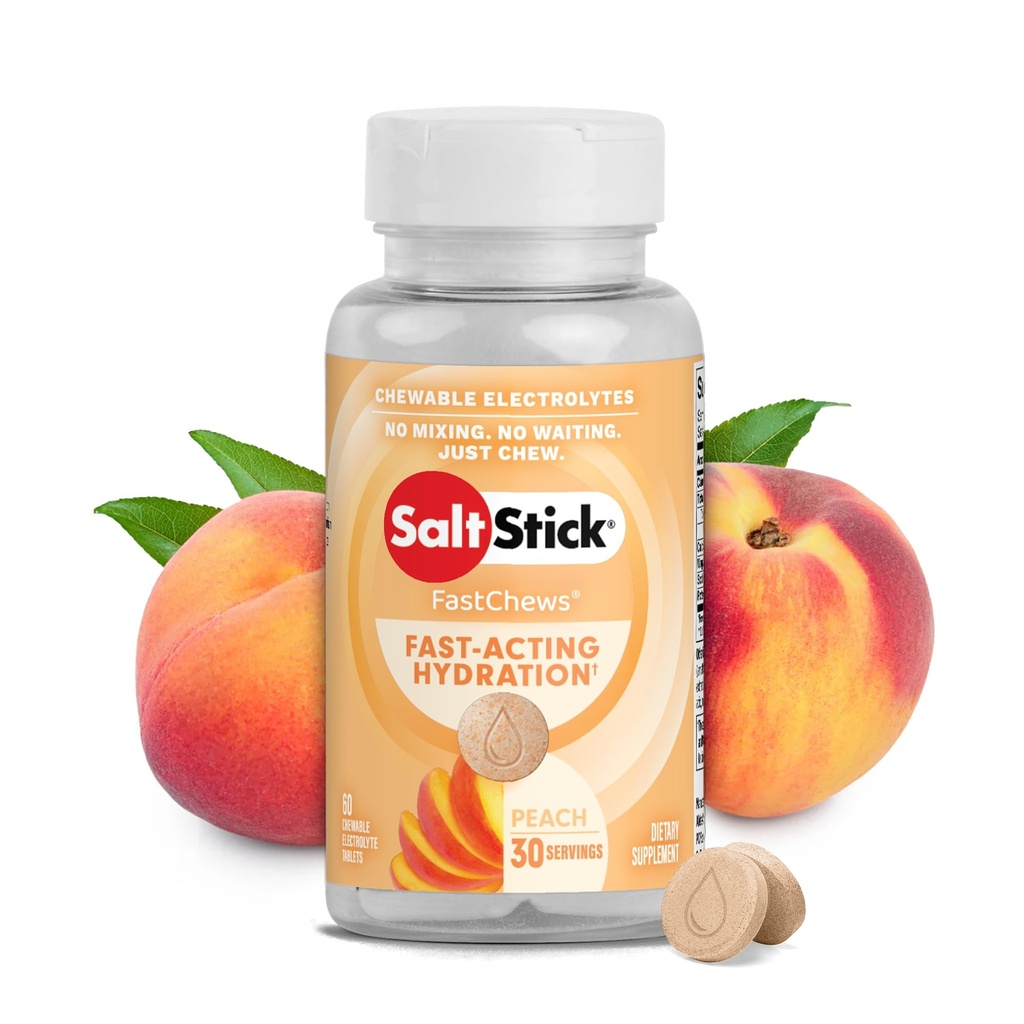 SaltStick Electrolyte FastChews - 60 Peach Chewable Electrolyte Tablets - Comprimidos de sal para Corredores, Nutrição Desportiva, Eletrolyte Chews para Hidratação