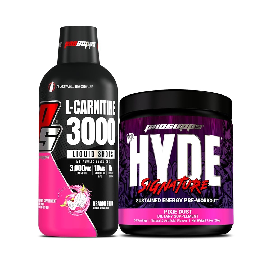PROSUPPS L-Carnitine 3000 Estimulante livre líquido tiros (31 Servings, Dragon Fruit) e Mr. Hyde assinatura série pré-trabalho energia em pó bebida (30 Servings, Pixie Poeira) pacote