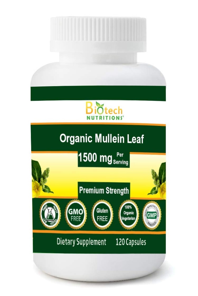 Folha de Mullein Orgânica 1500 mg Servindo 120 Cápsulas Vegetais Made in USA