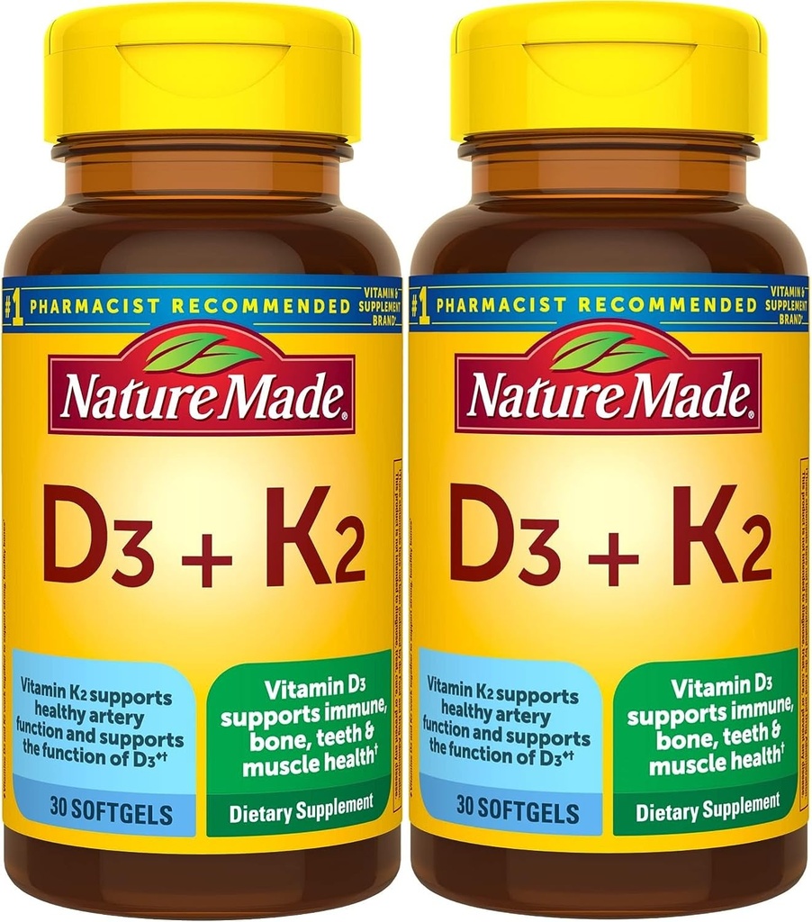 Natureza Feito Vitamina D3 K2, 5000 UI (125 mcg) Vitamina D, Suplemento dietético para osso, dentes, músculo e imunossuporte à saúde, 30 Softgels, suprimentos de 30 dias - pacote de 2