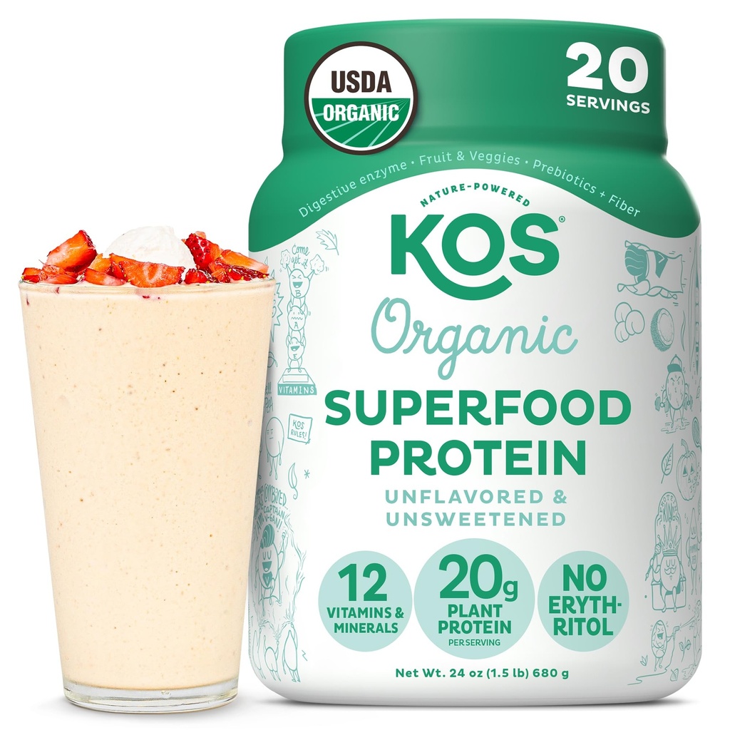 KOS Vegan Protein Powder, Unflavored & Undoced - Low Carb Pea Protein Blend, Orgânico Superfood rico em vitaminas e minerais - Keto, Soja, Laticínios grátis - substituição de refeições para mulheres e homens - 20 Servings