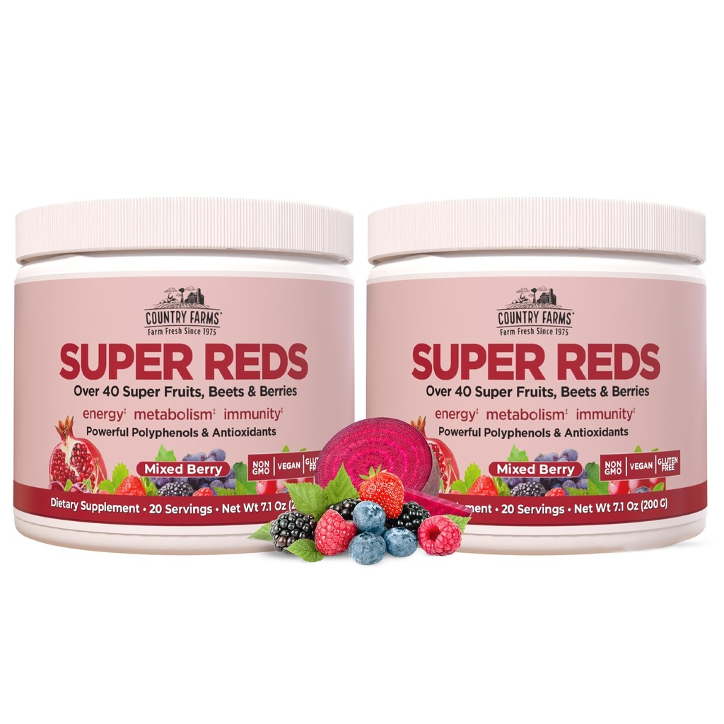 FARMAS DE PAÍS Super Vermelhos, Energizante Polifenol Superalimento, Mais de 40 Super Frutas e Berries, Poderosos Antioxidantes e Polifenóis, Suporta Energia, Suportes Circulação, 40 Servimentos, Cereja Misturada