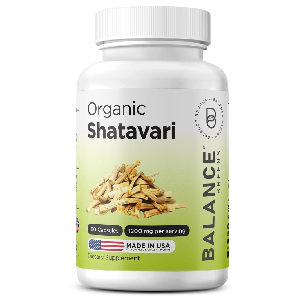 Shatavari Orgânico 1200mg, 60 Cápsulas - Aleitamento Suporte Vitaminas, Equilíbrio Hormonal para Mulheres, Aspargos Racemosus Raiz