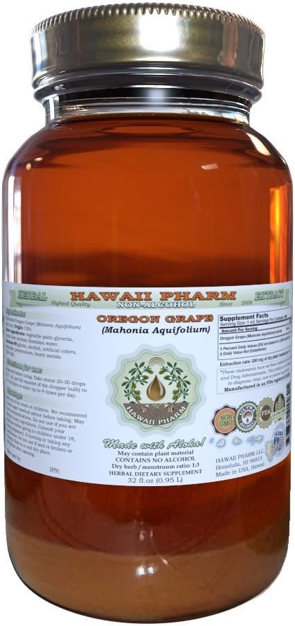 Hawaii Pharm Oregon Grape Alcohol-Free Liquid Extract, Oregon Grape (Mahonia aquifolium) Secado Root Glicerite Natural Herbal Supplement, USA 32 fl.oz