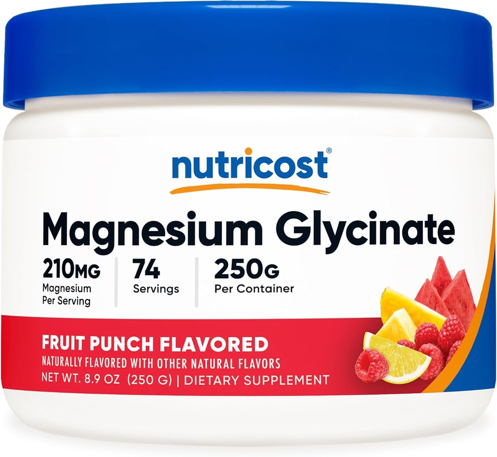 Pó de glicinato de magnésio (Fruit Punch, 250 gramas)
