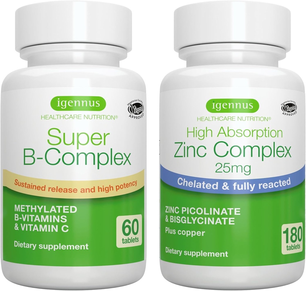 Super B-Complexo + Complexo Zinco Pacote Vegan, Metilado Mantido Liberação B Complexo + 25mg Picolinato de Zinco Quelado e Bisglicinato com Cobre, por Igennus