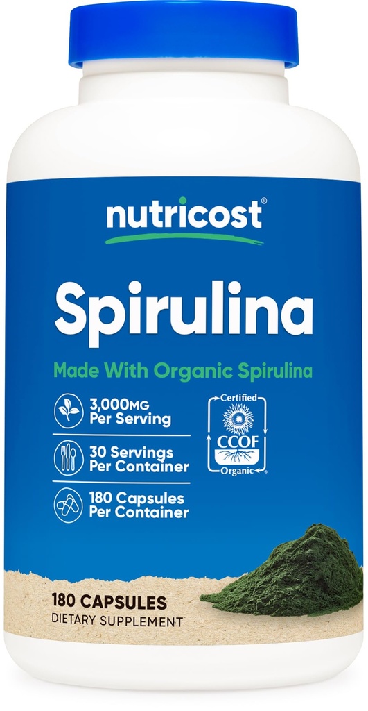 Nutricost Spirulina 3.000mg, 180 Cápsulas para 30 Servings - CCOF Certified Made with Organic Spirulina, Gluten Free, Vegetarian