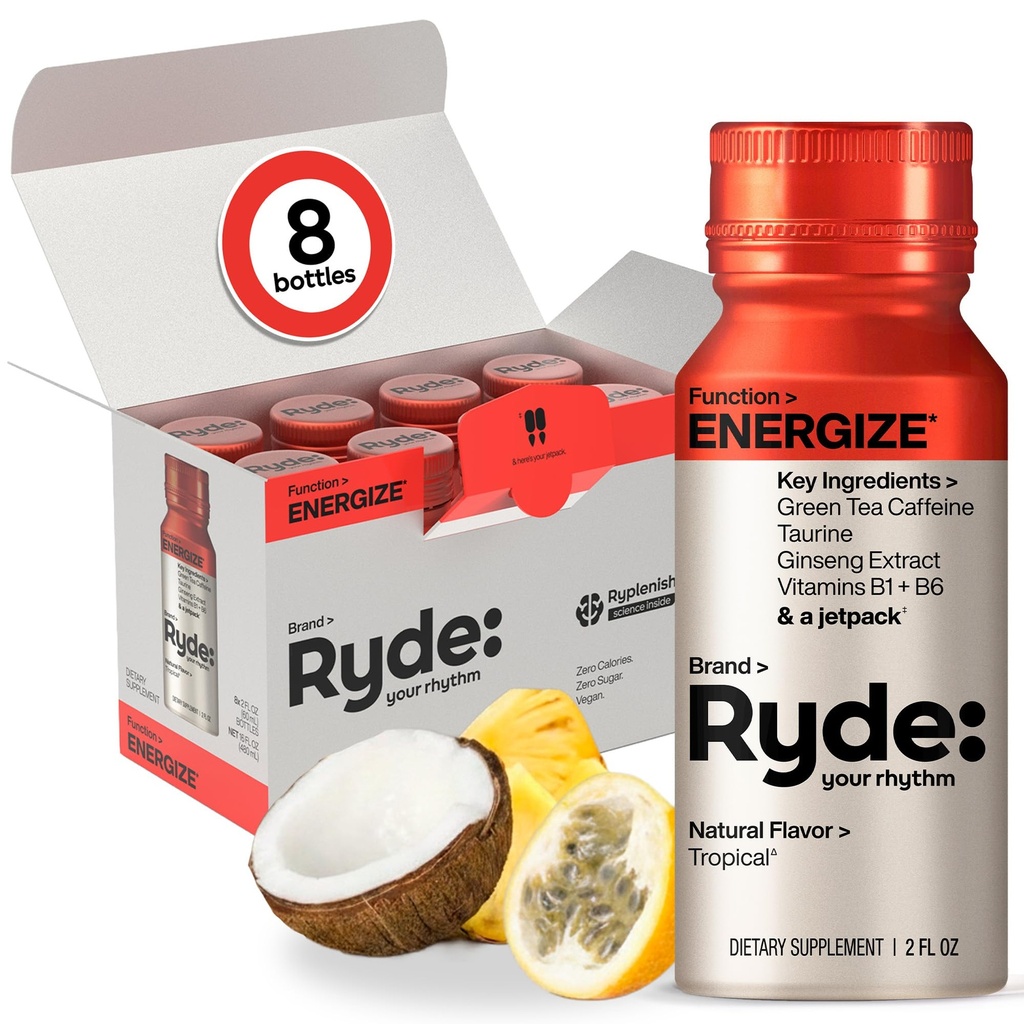 Ryde: Energetize Shot - Sabor Tropical - Cafeína de chá verde, Taurine, Ginseng Extract & B Vitaminas - 0 Calorias, 0 Açúcar - 2 FL OZ Shots - Aumenta a energia* (8 Pack)