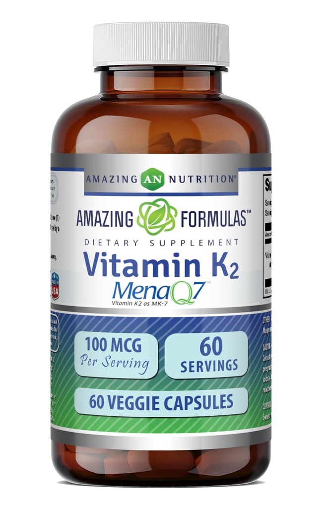 Fórmulas surpreendentes Vitamina K2 Menaq7 Suplemento MK7 (100 Mcg) Cápsulas vegetativas (Sem OGM) Glúten (Sem Glúten)