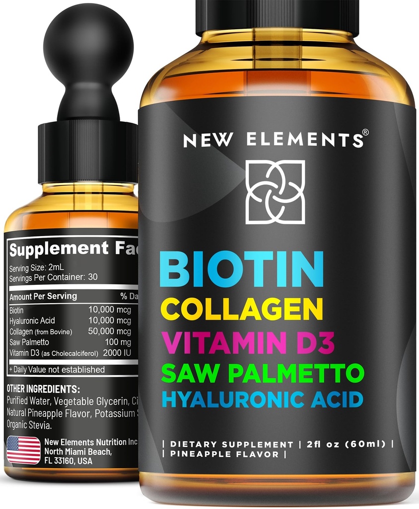 Biotina Líquida para o crescimento do cabelo Mulheres e homens 10000mcg Suplementos de Biotina e Colágeno com Saw Palmetto & Ácido Hialurônico
