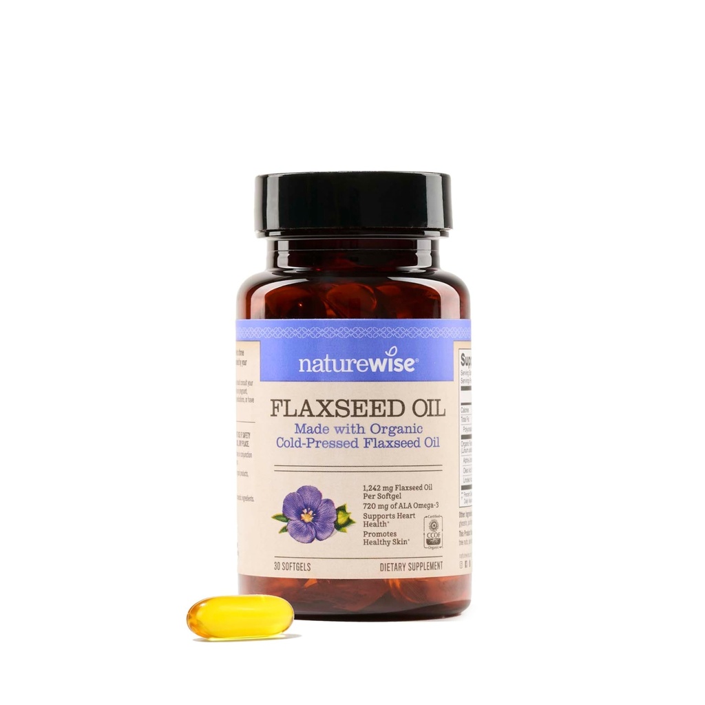 NatureWise Flaxseed Oil 1200 mg, Fish Free Omega 3 6 9 with 720mg ALA - CCOF Certified Organic Flaxseed Oil - Plant Based Omega - Cold Pressed, Non-GMO - 30 Softgels[1-Month Supply]
