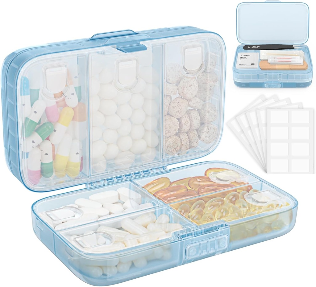 FYY Semanário Organizador de pílulas com rótulos,8 Compartimentos de viagem Diary Pill Case Moistureproof Big Pill Box para segurar vitaminas, óleo de peixe, suplementos, Cotton Swab e bandagens-azul