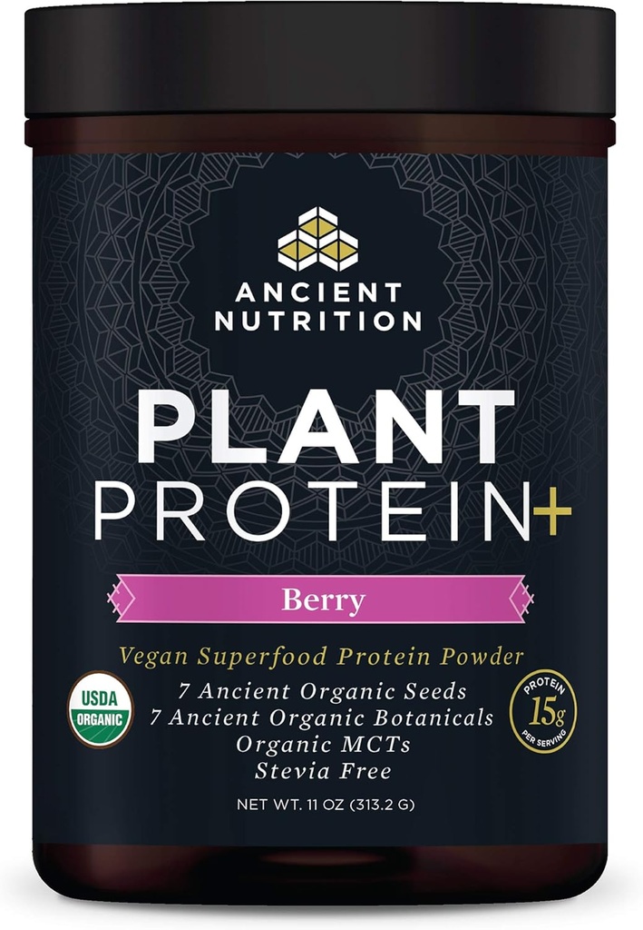 Nutrição antiga proteína baseada em plantas em pó, Proteína de plantas+, Berry, Suplemento de Superalimentos Vegan orgânico, 15g de proteína por servir, Grande para batidos de proteínas, Sem glúten, Paleo Friendly 12 Servings