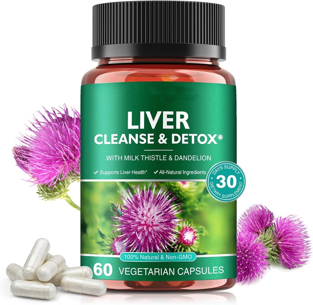 Liver Cleanse & Detox pílulas para o reparo da saúde do fígado - com extrato de cardo de leite, Raíz de dente-de-leão, Ginger, Beetroot pó e vitaminas - Suporte de fígado natural, 60 Cápsulas Vegan