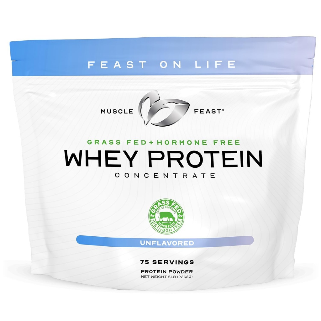 Músculo Festa Whey-Fed Protein Concentrate Powder, Tudo Natural, Hormônio Free Pasture Created Whey Protein Powder for Women & Men, Clean, Non-GMO & Gluten Free Whey Concentrate - Sem sabor, 5lb