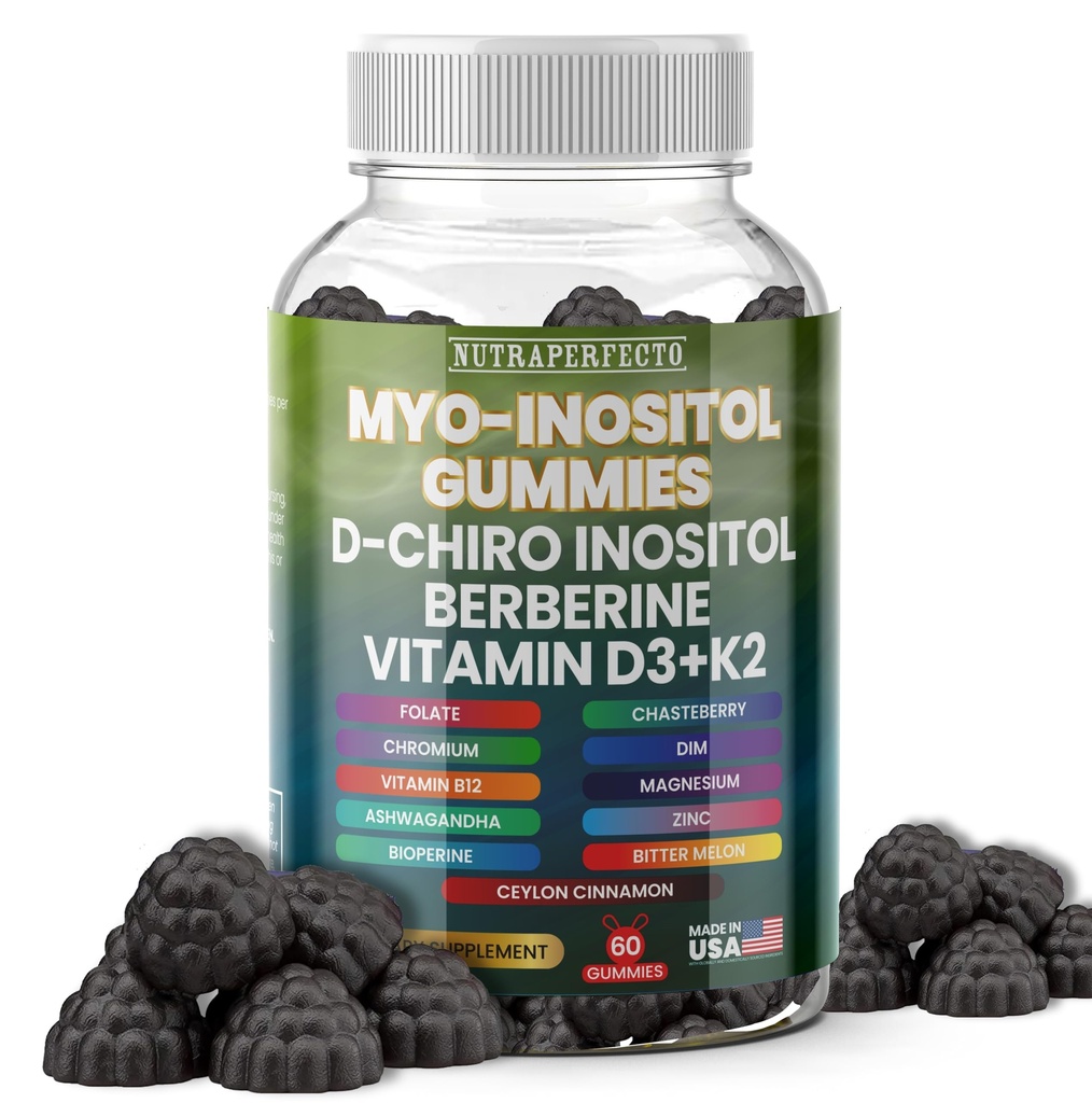 Açúcar sem Myo-Inositol & D-Chiro Inositol Gummies para Mulheres, Berberine Vitamina D3 K2 DIM Magnésio Glicenato Oxido L-Metilfolato Suplemento para Mulheres, Fertilidade, Equilíbrio Hormônio, PMS, Saúde do Ovário