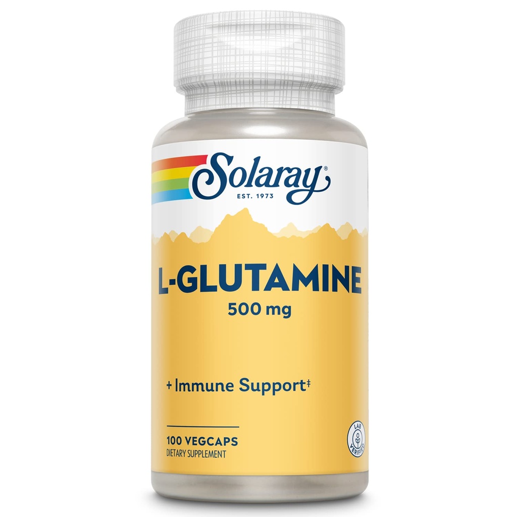SOLARAY L Cápsulas de Glutamina 500 mg - Imune Suplemento de Suporte - Aminoácido Grátis - Lab Verificado, 60 dias de garantia de reembolso - 100 Servings, 100 VegCaps