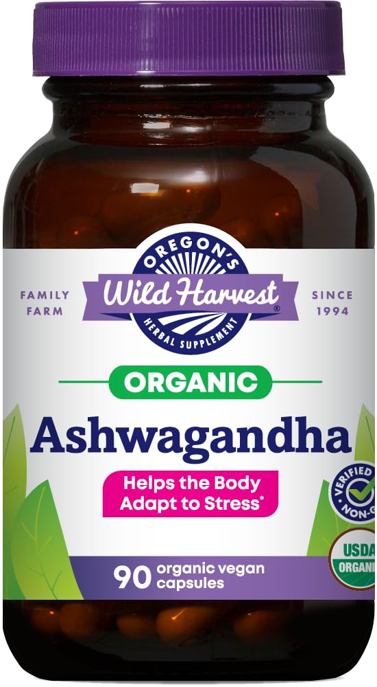 Oregon Wild Harvest certificado orgânico Ashwagandha Herbal Vegan Cápsulas, 1200 MGS, 90 Contagem