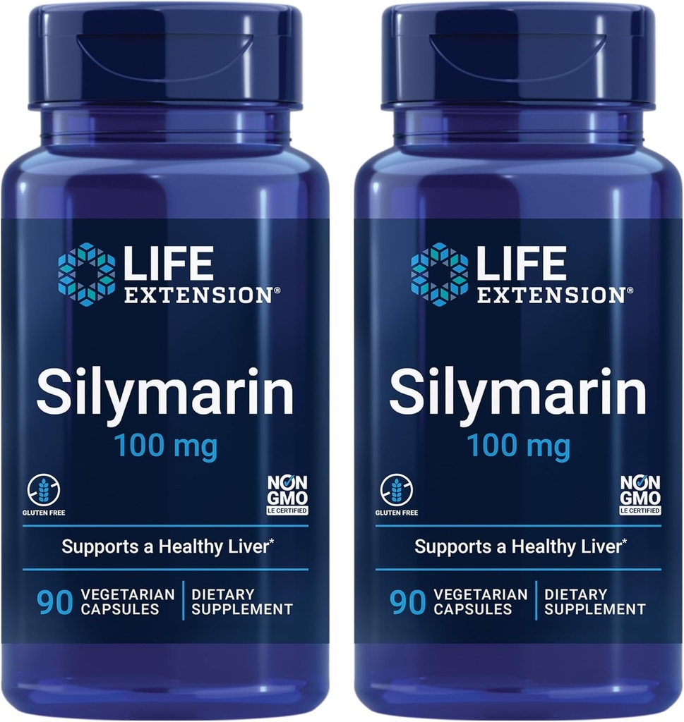 Extensão de vida Silymarin – Extrato de cardo de leite – Suporta a saúde do fígado – Gluten-free, Non-GMO, Vegetarian – Dois Pack - 2 x 90 Cápsulas