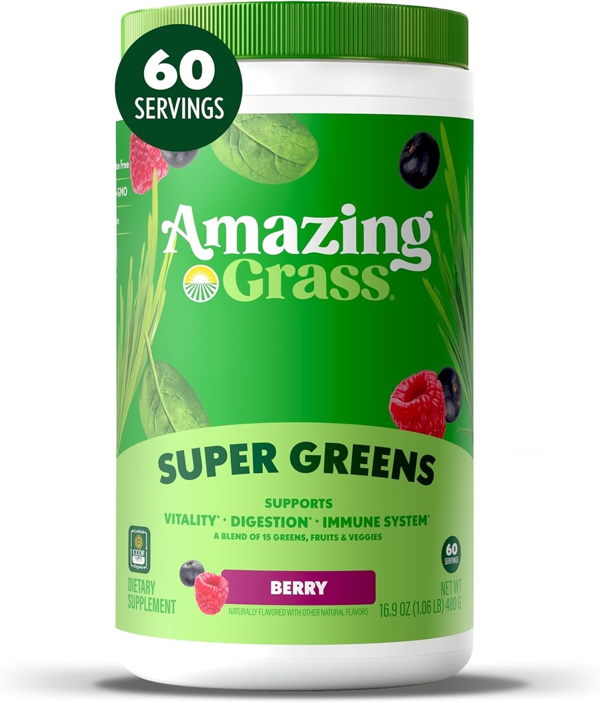 Amazing Grass Greens Misturar Superalimento: Super Verdes em pó Smoothie Mix com espirulina, chlorela, beterraba em pó raiz, enzimas digestivas e probióticos, Berry, 60 Servings (Pacote em maio Vary)