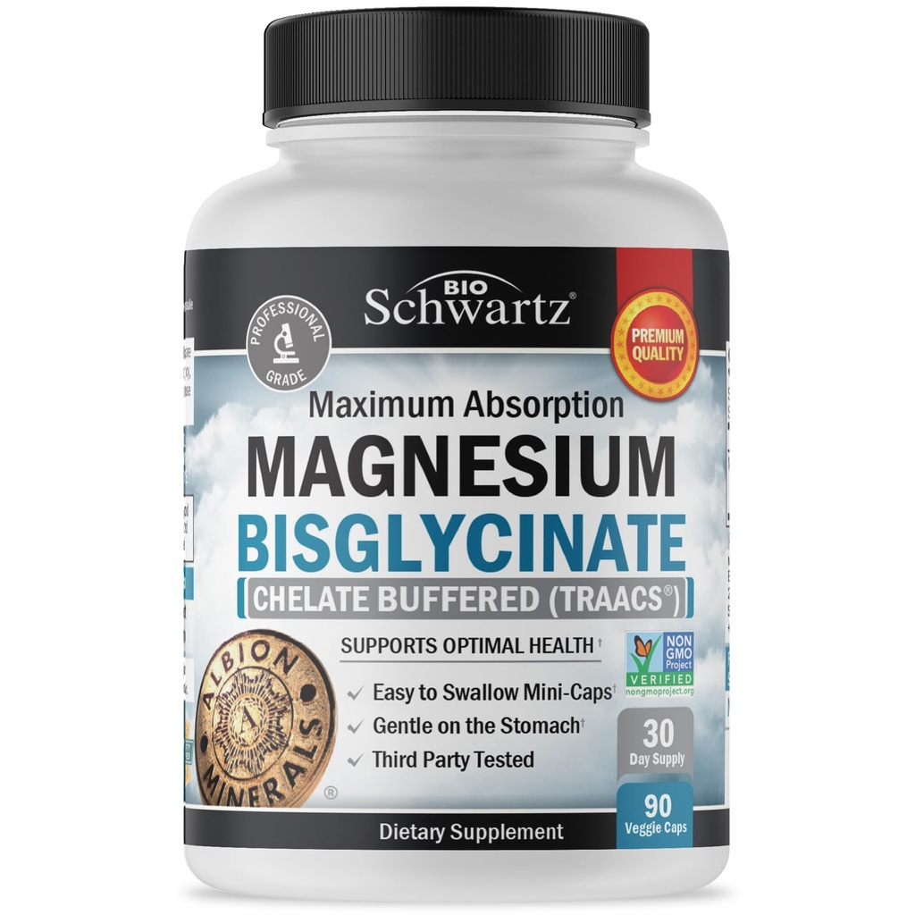Bisglicinato de magnésio 100% Quelato Sem Efeito Laxativo - Absorção máxima e biodisponibilidade, Totalmente Reagido e Buffered - Osso muscular saudável e suporte conjunto - Projeto não-GMO verificado - 90 ct